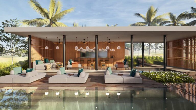 Espace lounge commun avec un bar et en bord de piscine