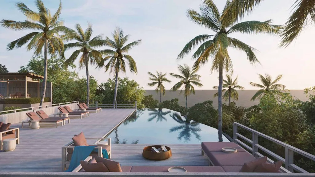 Accueil 3 Piscine à débordement avec palmiers et vue sur la mer et le coucher de soleil