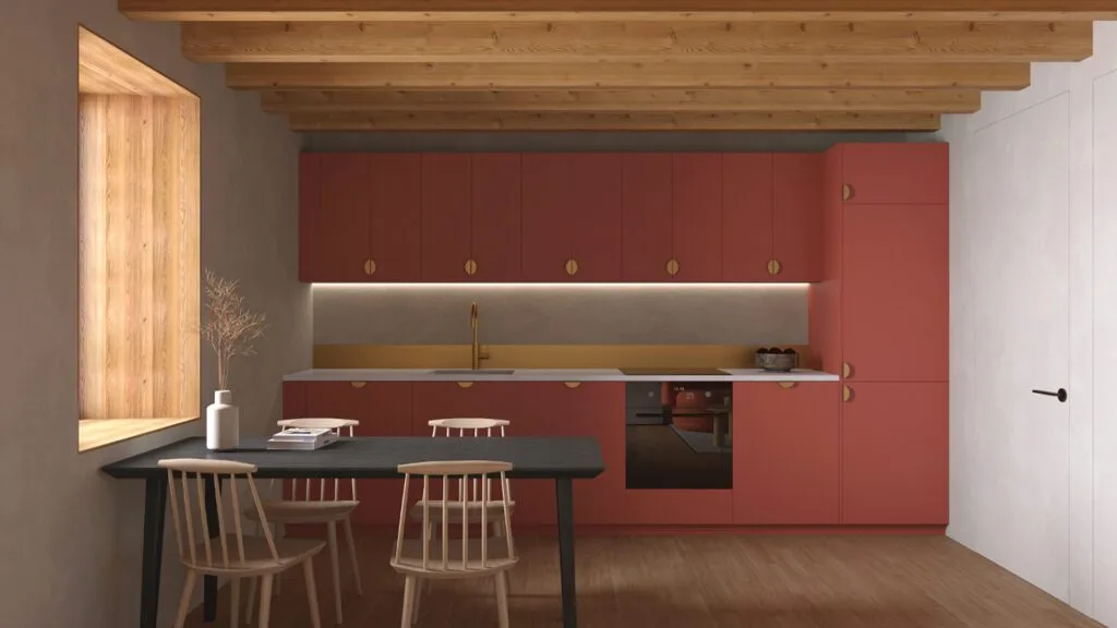 Accueil 2 Cuisine de la maison dans un esprit japandi avec des couleurs naturelles bois et terracotta