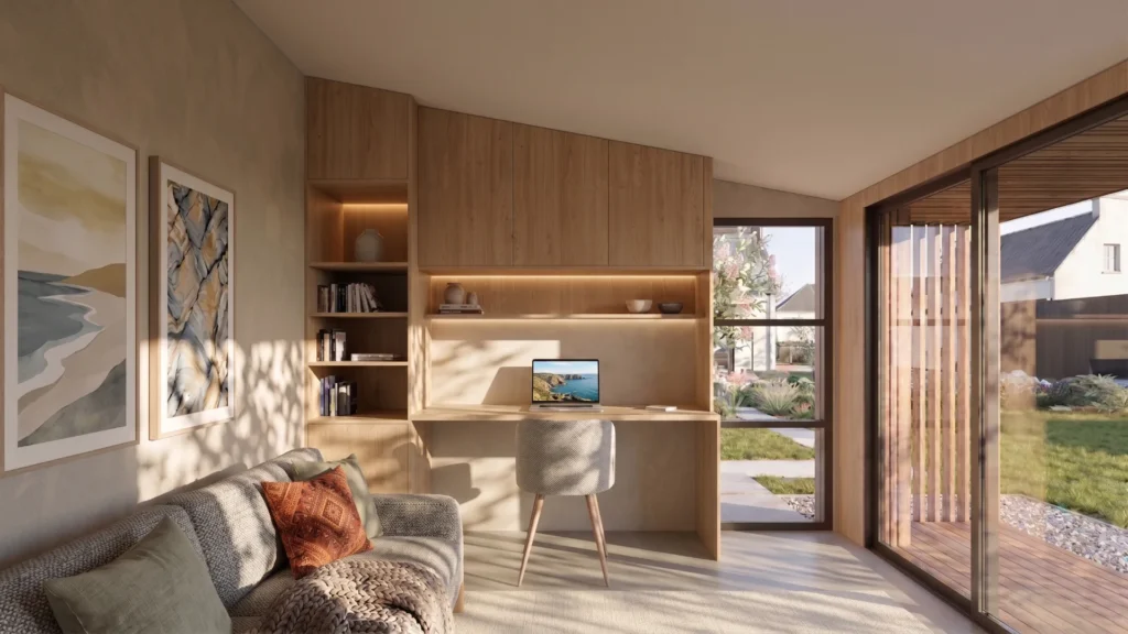 Maison du Treh Koh - Aménagement intérieur d'un salon et d'un espace de travail à Plouhinec - Morbihan - par Atelier Glaz Architecture