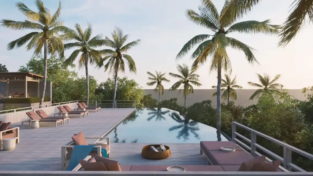 Infinity pool with palm trees, sea and sunset view, Uluwatu Villas Bali